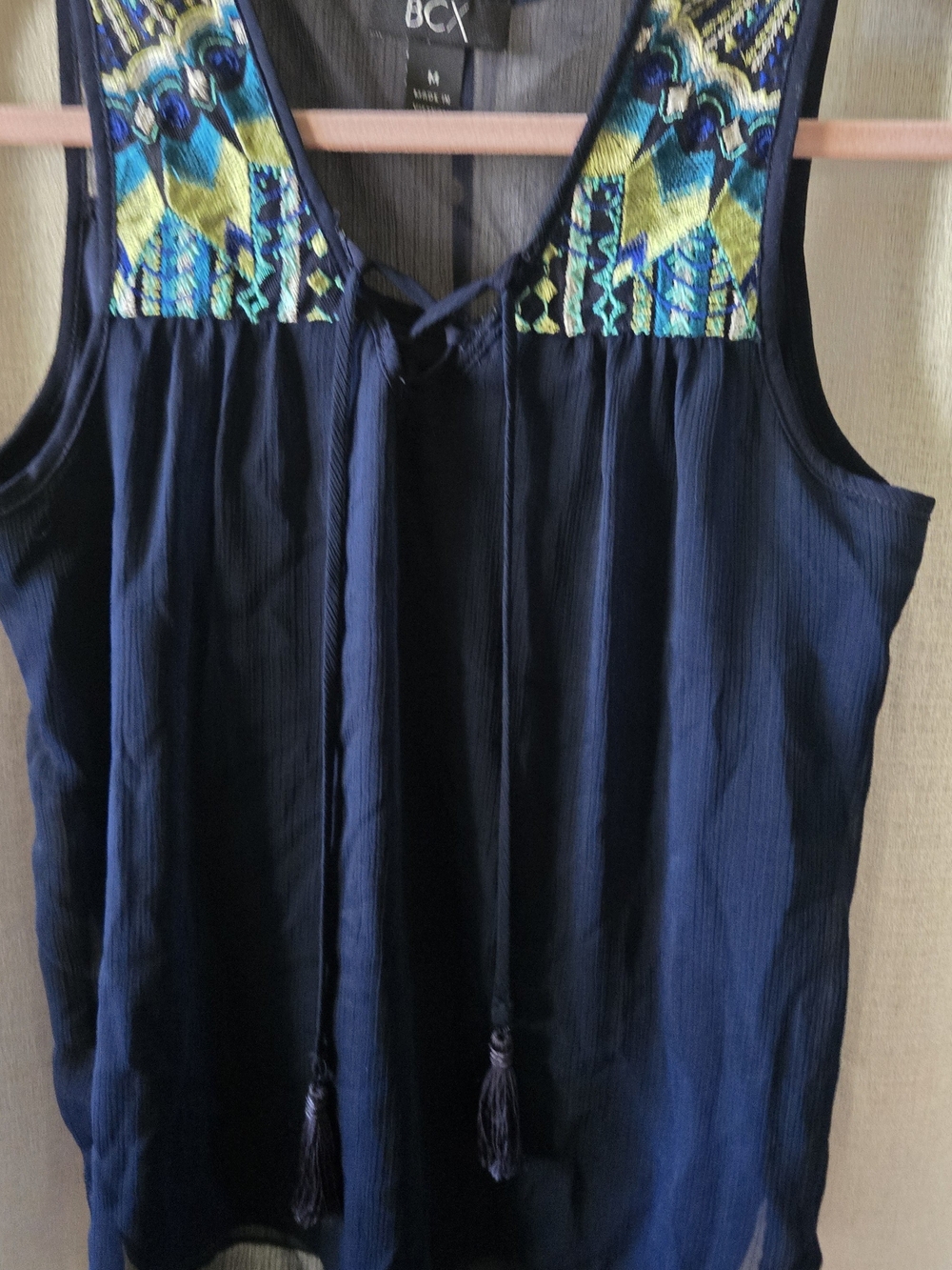 BCX Navy Embroidered Sleeveless Camisole with Tassel Ties